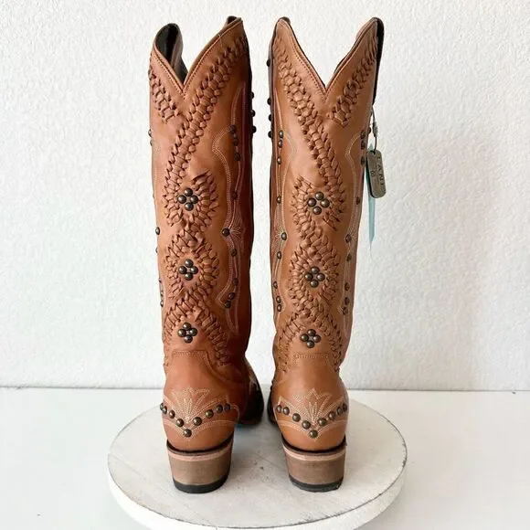 Wide calf friendly Tan Heeled Boots with Intricate Detailing - Picture 3 of 10